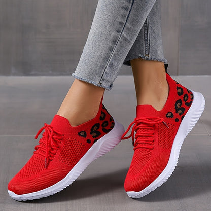 Women's Casual Sneakers - Flying Woven Leopard Pattern Breathable Lace-up Running Shoes - Plus Size - For Women - Suitable for Casual Wear, Running & Sports - Perfect Gift for Fashionable Women