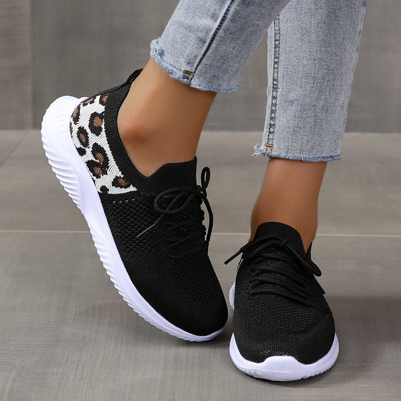 Women's Casual Sneakers - Flying Woven Leopard Pattern Breathable Lace-up Running Shoes - Plus Size - For Women - Suitable for Casual Wear, Running & Sports - Perfect Gift for Fashionable Women