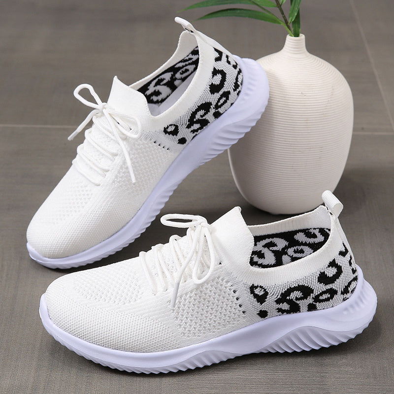 Women's Casual Sneakers - Flying Woven Leopard Pattern Breathable Lace-up Running Shoes - Plus Size - For Women - Suitable for Casual Wear, Running & Sports - Perfect Gift for Fashionable Women