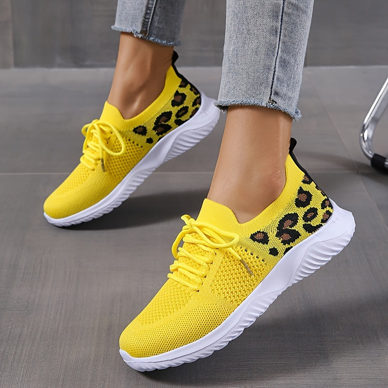 Women's Casual Sneakers - Flying Woven Leopard Pattern Breathable Lace-up Running Shoes - Plus Size - For Women - Suitable for Casual Wear, Running & Sports - Perfect Gift for Fashionable Women