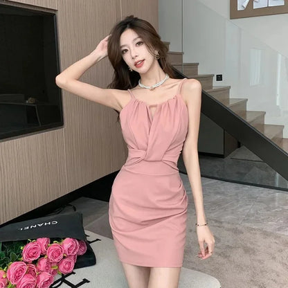 Sexy Pure Color Hanging Neck Strap Waist in Dress Mini Skirt Slimming Fit Inner Wear Short Skirt Summer New Arrival