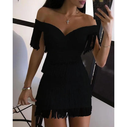 Vestidos de noche para mujer Sexy con escote en V profundo, un hombro, falda con flecos, vestido ajustado de temperamento para damas, manga corta, vestido de club, Vestidos