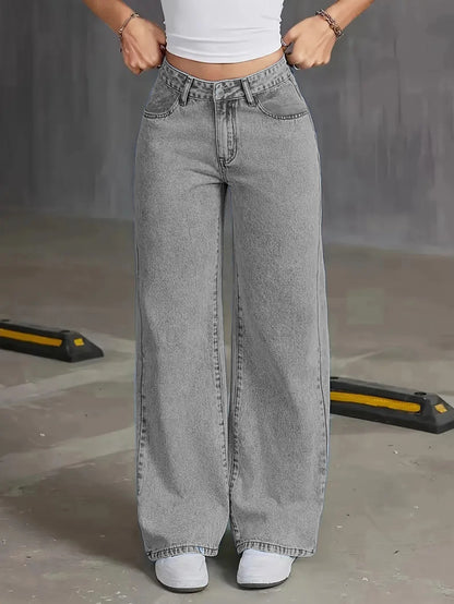 Jeans de mujer de talle alto y pierna ancha - jeans lavados gris claro, sueltos y a la moda, adecuados para uso casual