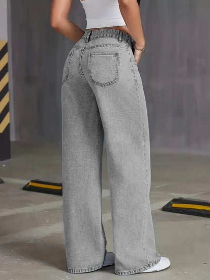 Jeans de mujer de talle alto y pierna ancha - jeans lavados gris claro, sueltos y a la moda, adecuados para uso casual