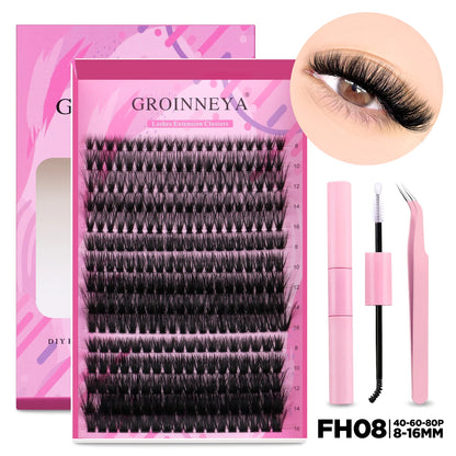 GROINNEYA DIY Lash Extension Kit Individual Lashes Cluster Mix Eyelashes Full Set Lashes Kit with Lash Bond and Seal At Home