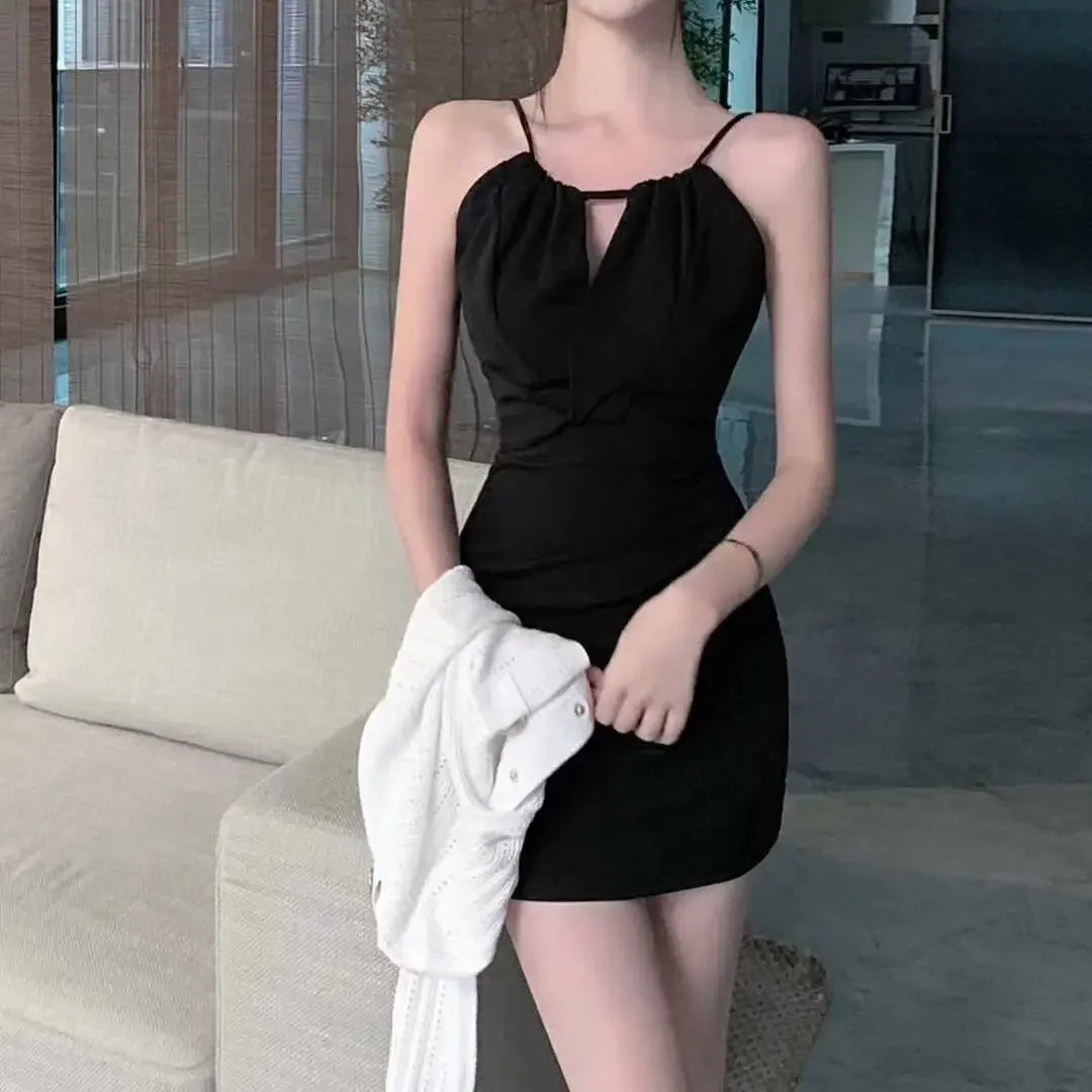 Sexy Pure Color Hanging Neck Strap Waist in Dress Mini Skirt Slimming Fit Inner Wear Short Skirt Summer New Arrival