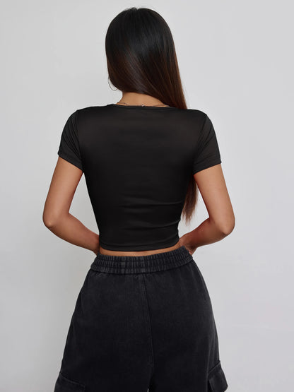 Women's simple and fashionable solid color V-neck short sleeved T-shirt