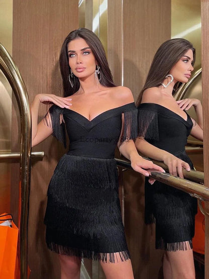 Vestidos de noche para mujer Sexy con escote en V profundo, un hombro, falda con flecos, vestido ajustado de temperamento para damas, manga corta, vestido de club, Vestidos