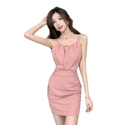 Sexy Pure Color Hanging Neck Strap Waist in Dress Mini Skirt Slimming Fit Inner Wear Short Skirt Summer New Arrival