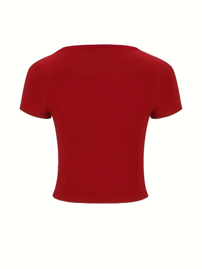 Women's simple and fashionable solid color V-neck short sleeved T-shirt