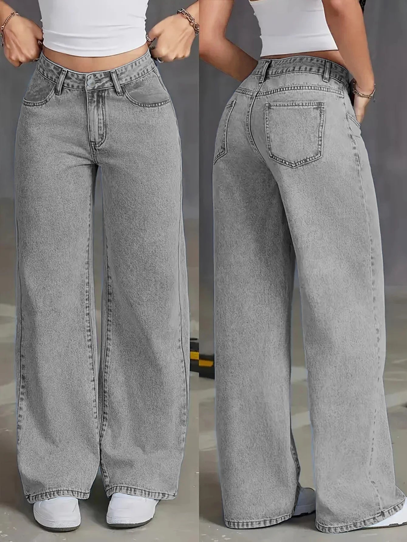 Jeans de mujer de talle alto y pierna ancha - jeans lavados gris claro, sueltos y a la moda, adecuados para uso casual