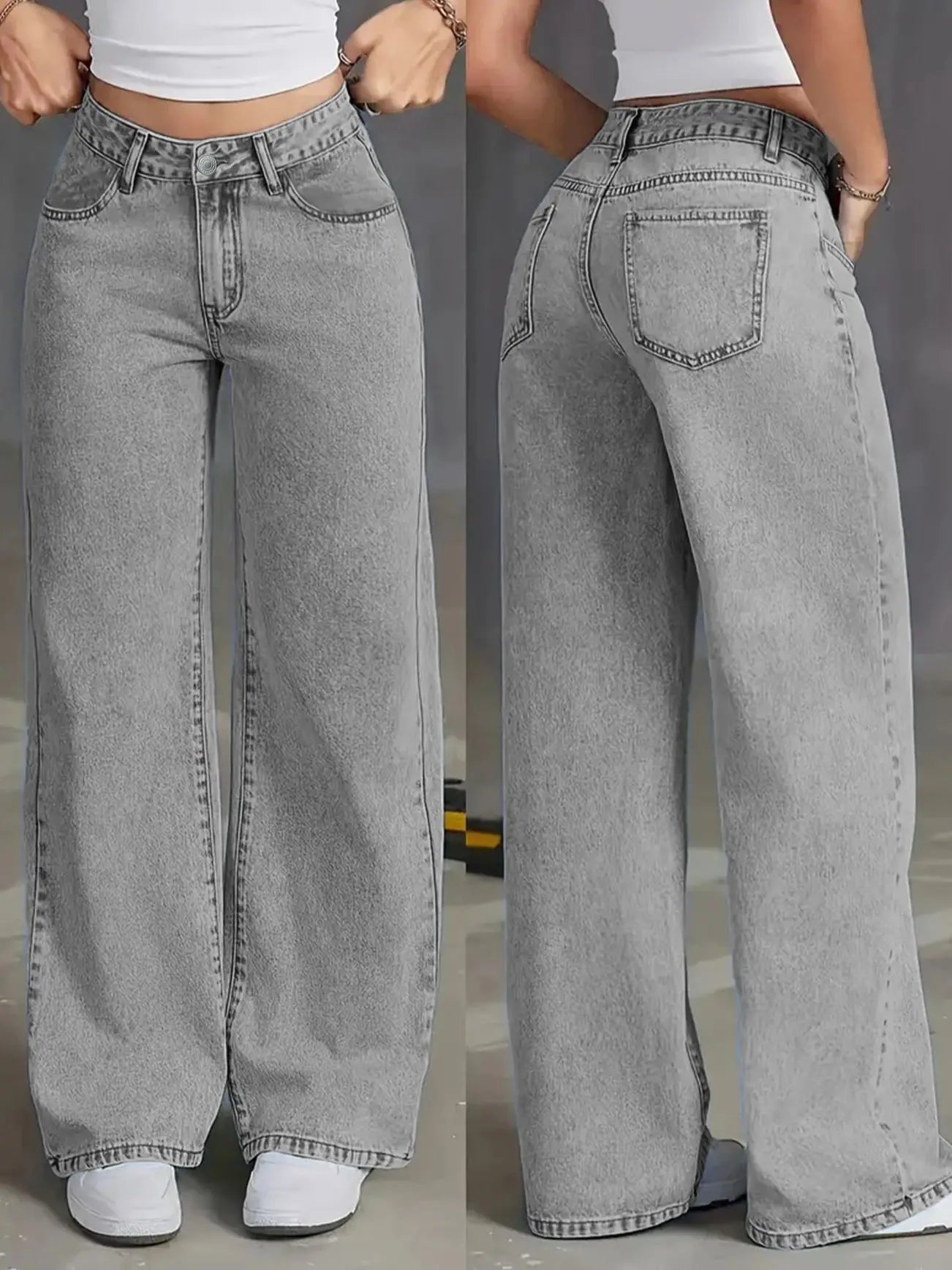 Jeans de mujer de talle alto y pierna ancha - jeans lavados gris claro, sueltos y a la moda, adecuados para uso casual
