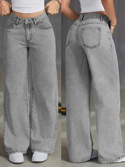 Jeans de mujer de talle alto y pierna ancha - jeans lavados gris claro, sueltos y a la moda, adecuados para uso casual