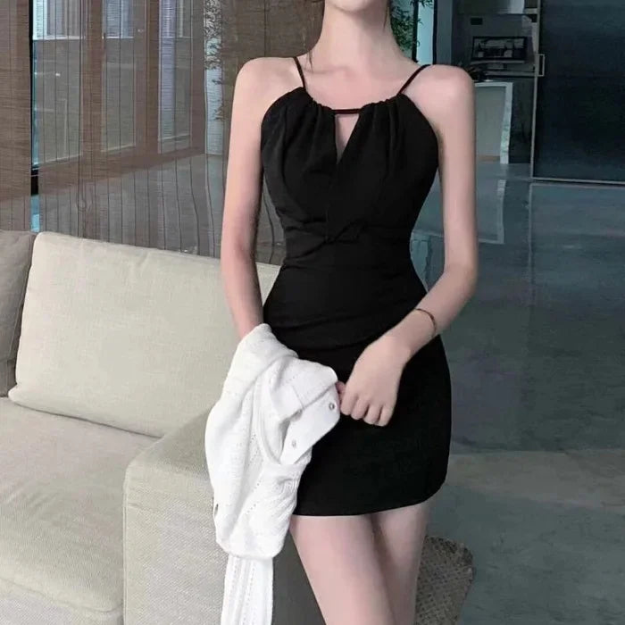 Sexy Pure Color Hanging Neck Strap Waist in Dress Mini Skirt Slimming Fit Inner Wear Short Skirt Summer New Arrival