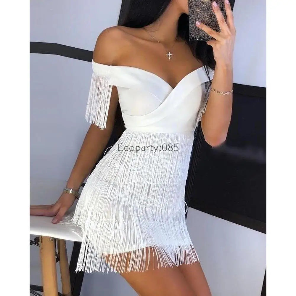 Vestidos de noche para mujer Sexy con escote en V profundo, un hombro, falda con flecos, vestido ajustado de temperamento para damas, manga corta, vestido de club, Vestidos